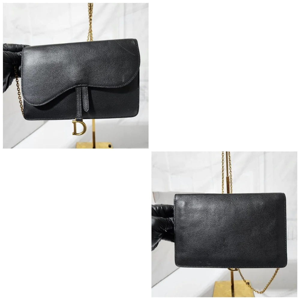 CHRISTIAN DIOR Grained Calfskin Wallet on Chain Black